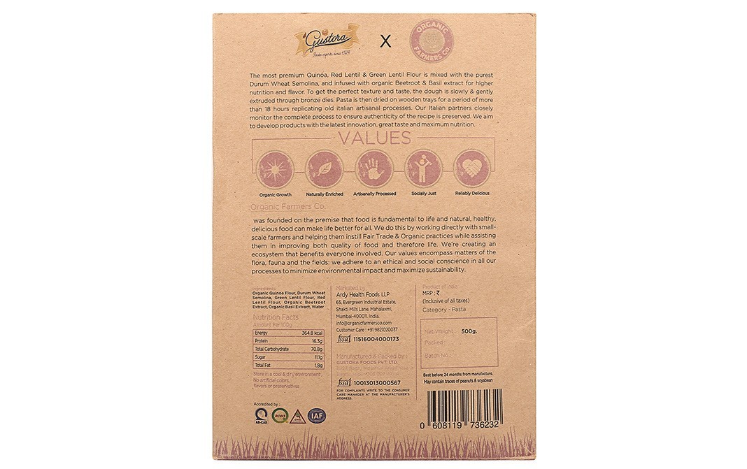 Organic Farmers Co. Quinoa + Lentil + Semolina Pasta   Box  500 grams